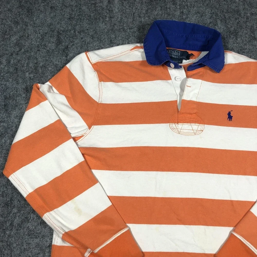 Vintage Polo Ralph Lauren Rugby Shirt Mens M Orange White Stripe Long Sleeve